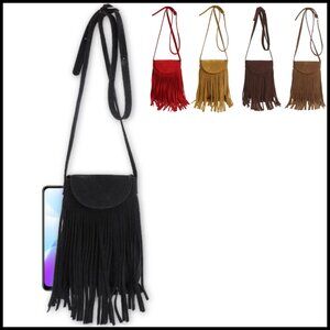 Faux Suede Crossbody Bag Mini Casual Tassel Style Adjustable Strap Daypack